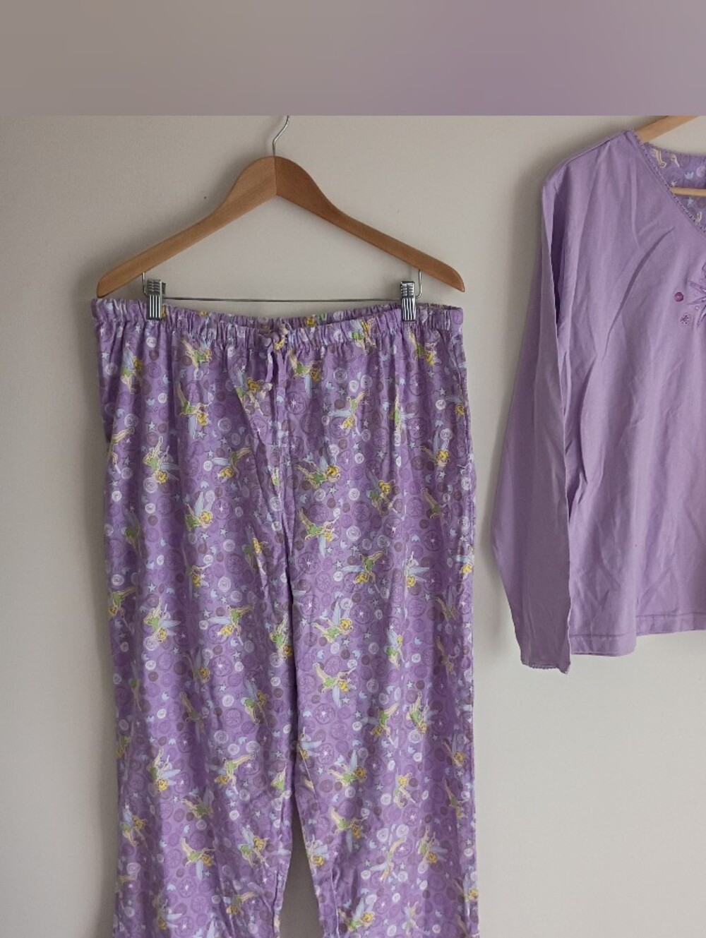 Vintage Y2K Disney Tinker Bell Embroidered Pajama Set Lavender Flannel Top Pant